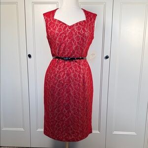 Kasper Elegant Red Crochet Lace Belted Sheath Dress
